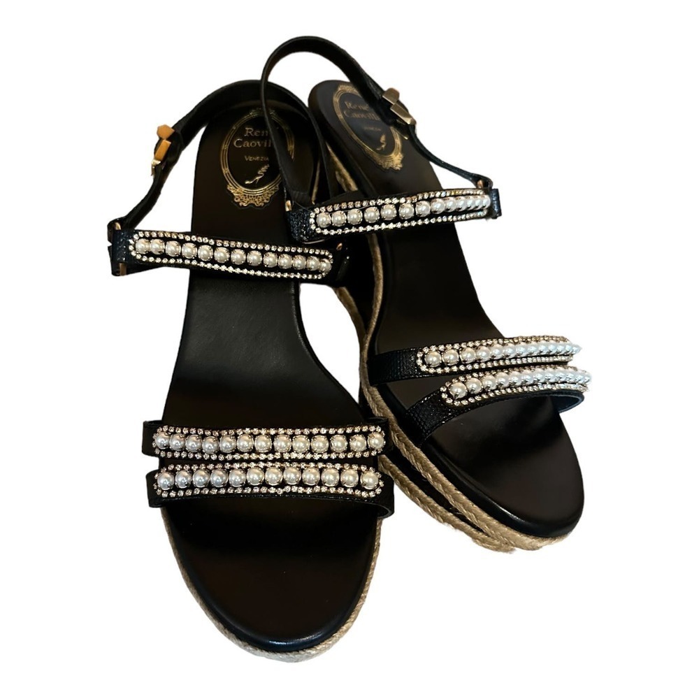 Rene Caovilla Pearly Leather Wedge Sandal, Black - Picture 8 of 10